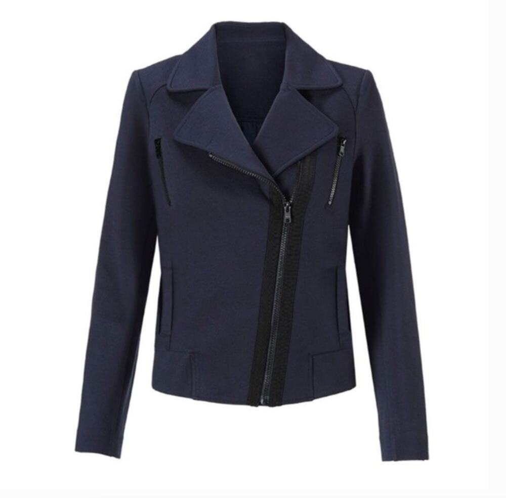 CAbi Size S Chance Moto Jacket Diagonal Zip Bomber 5476 Navy Blue